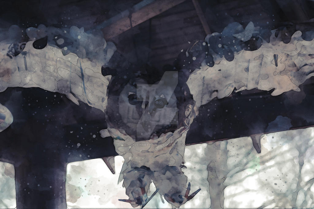 A sculpted owl figure standing in detail, every feather and feature rendered with care, transformed into watercolor.