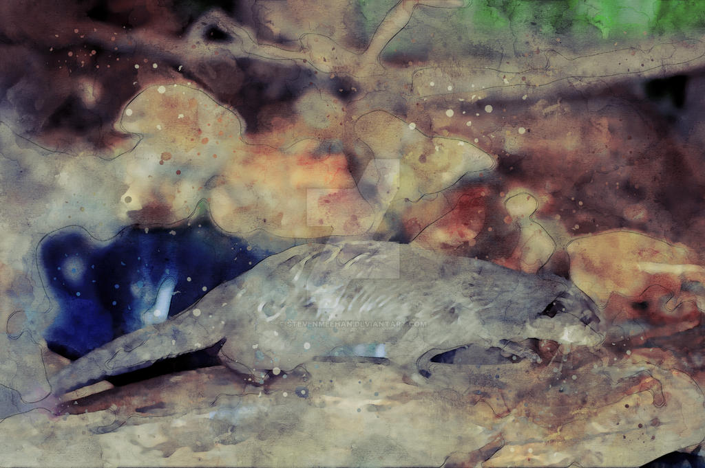 An animal navigating a fallen log, weight shifting as it crosses with careful steps, rendered in watercolor.