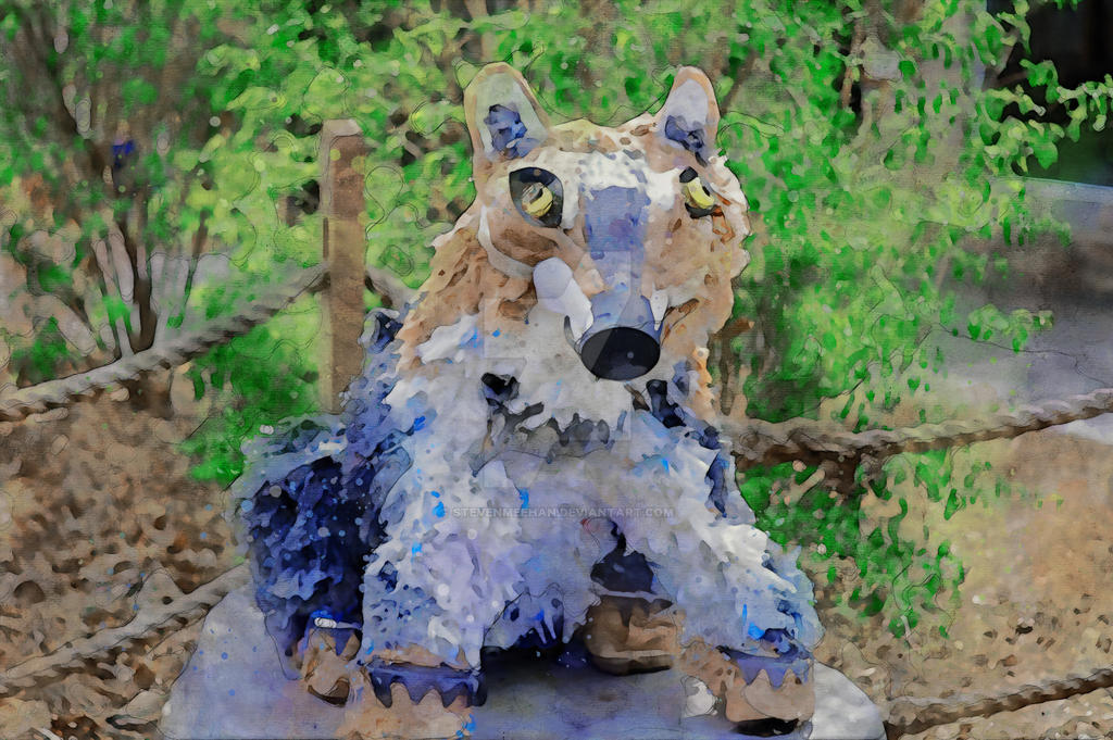 A sculpted fox figure posed mid-stride, its crafted form capturing the animal's spirit in still detail, rendered in watercolor.