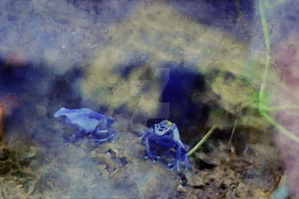 A group of frogs moving together, their journey unhurried and companionable, rendered in watercolor.