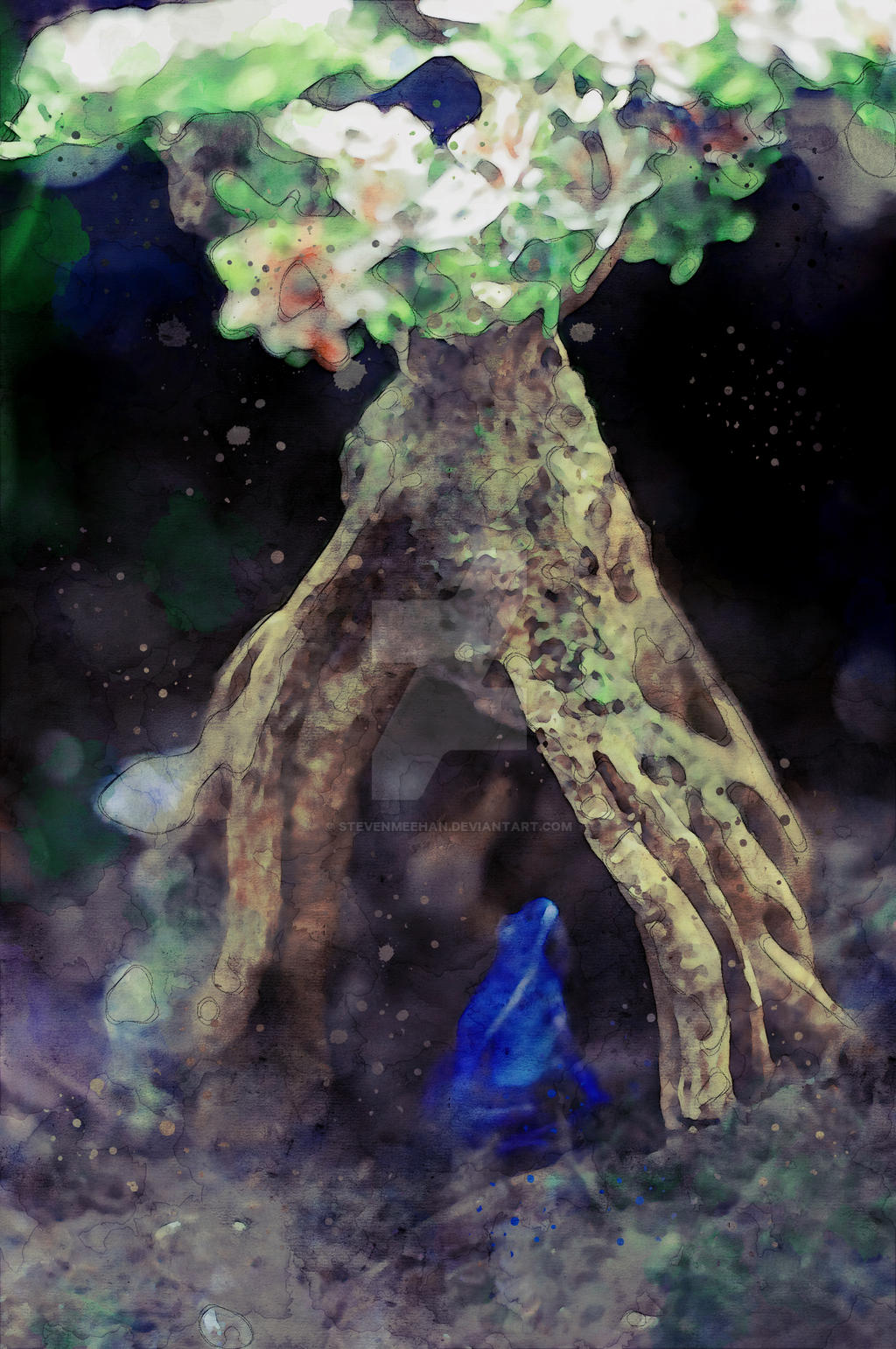 A whimsical small structure nestled among greenery, built as if for tiny inhabitants, rendered in watercolor.