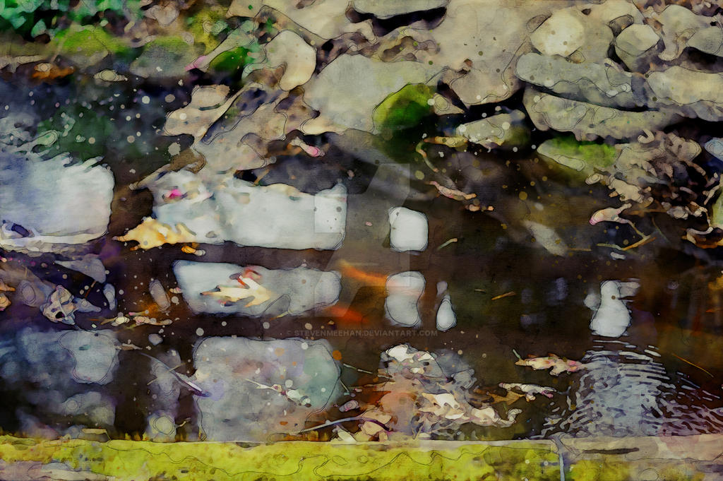 Goldfish drifting through still water, their bright scales catching the light as they glide, rendered in watercolor.