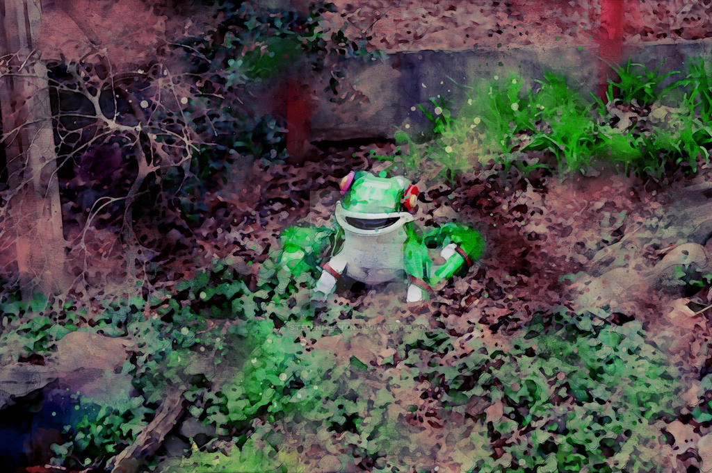 A sculpted frog figure in vivid detail, its textured surface and wide eyes lifelike in still form, rendered in watercolor.