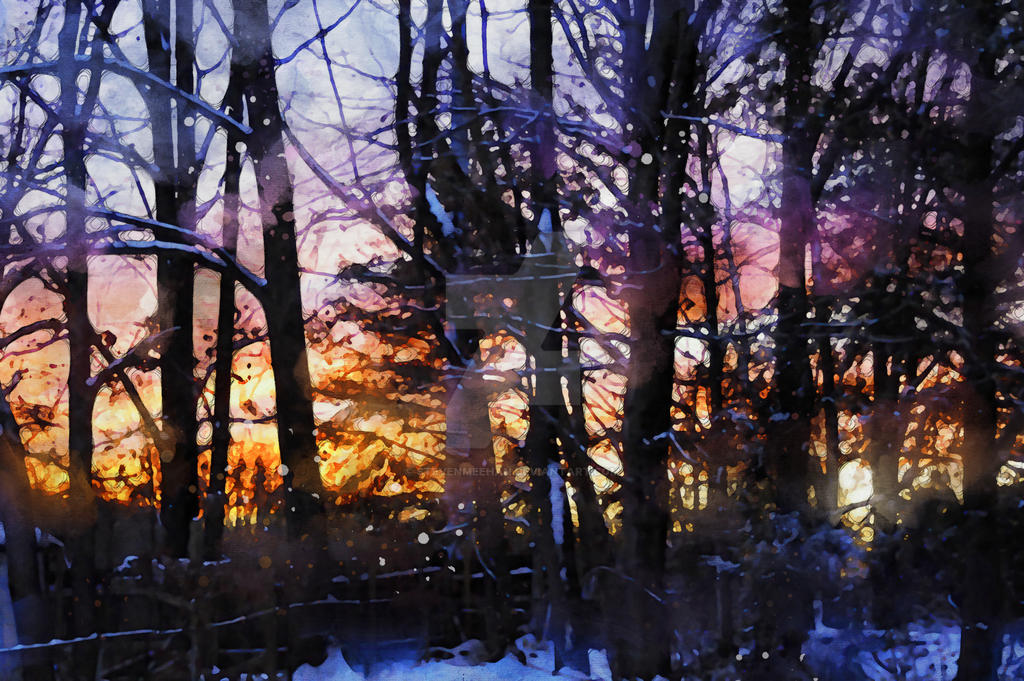 Bare branches and snowcapped trees silhouetted against a glowing evening sky, rendered in watercolor.
