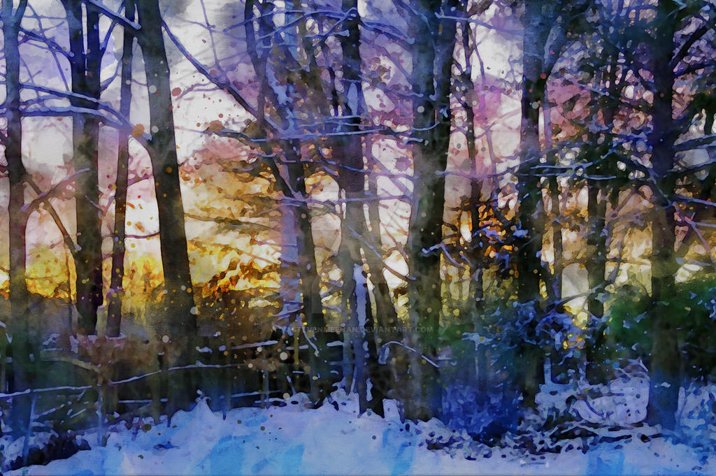 Snow-covered trees framing a streak of orange and gold light along the horizon, rendered in watercolor.