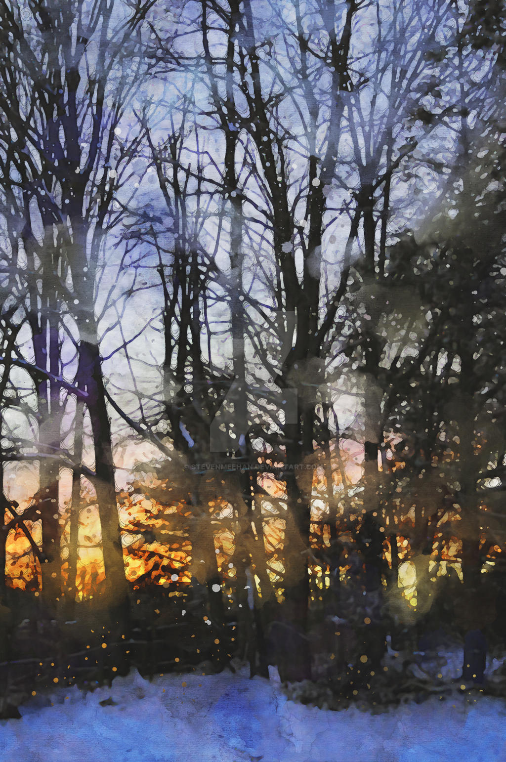 A close view of branches heavy with snow, the last of the day's light filtering through the canopy, rendered in watercolor.