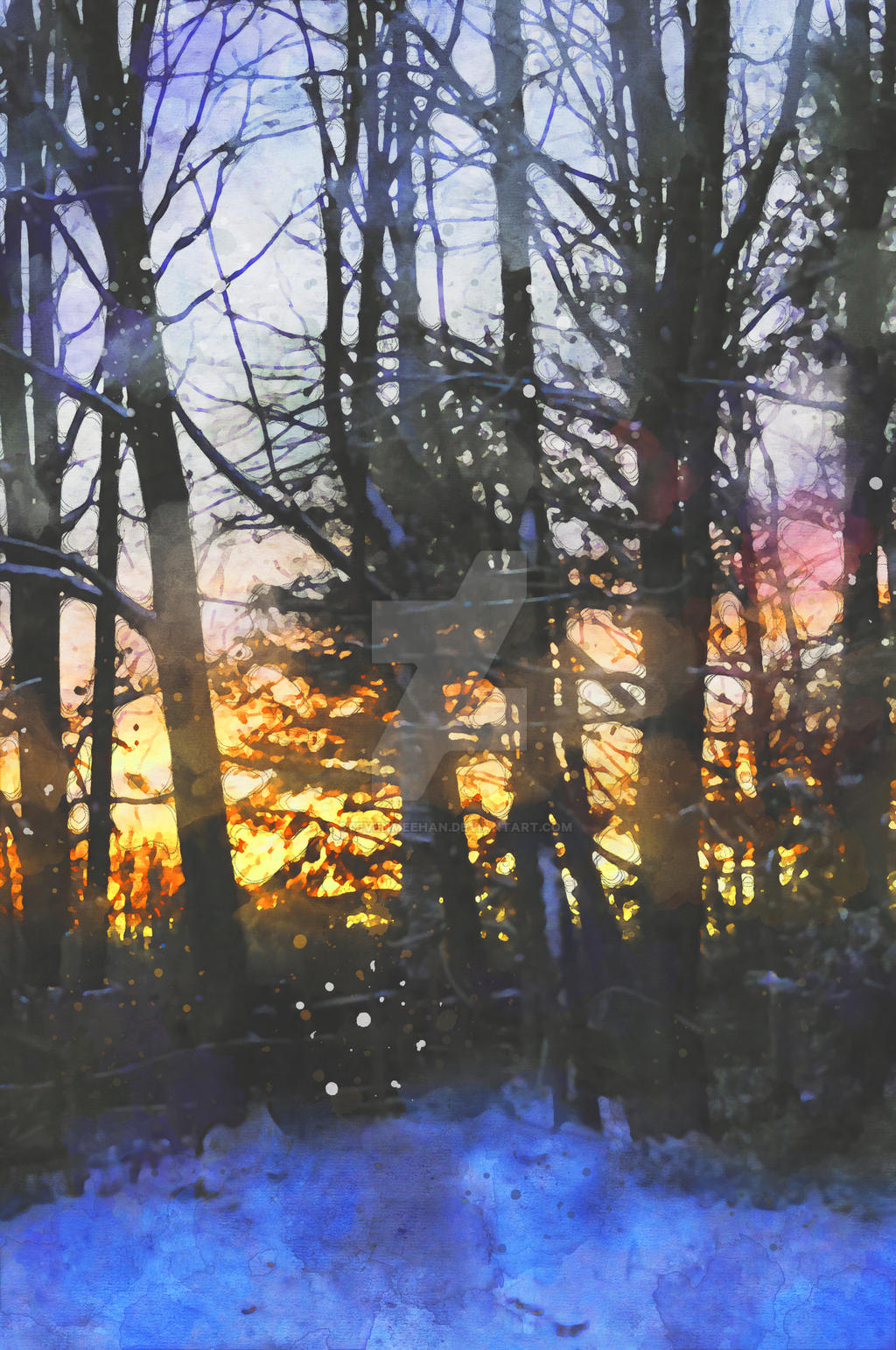 A snow-laden hillside catching the fading glow of a winter sunset through the trees, rendered in watercolor.
