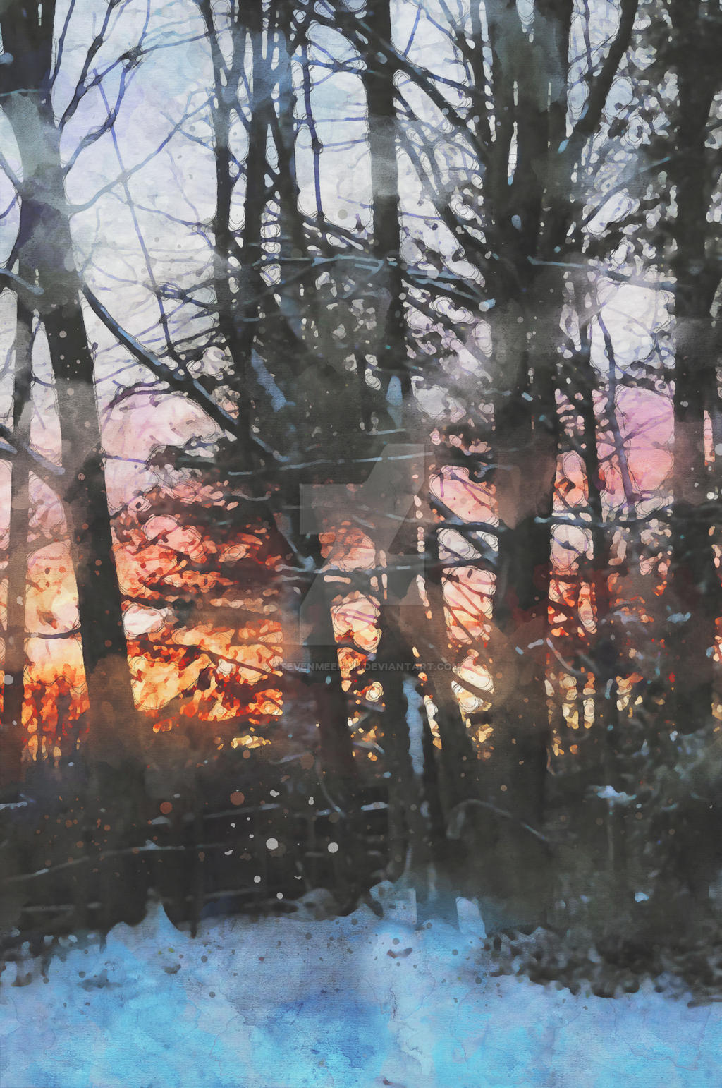 Snow-covered branches filling the frame, backlit by a soft winter twilight, rendered in watercolor.