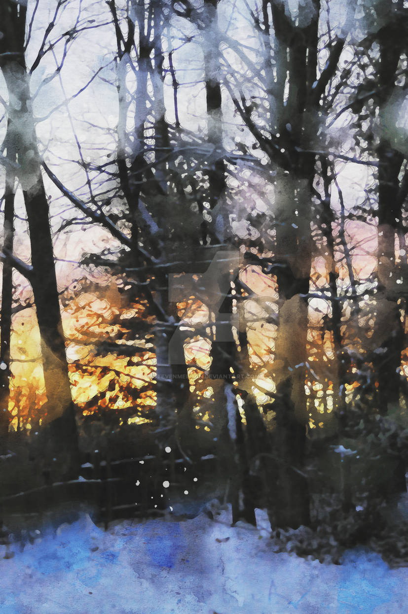 A winter vista of snowcapped ridges glowing beneath the last light of day, rendered in watercolor.
