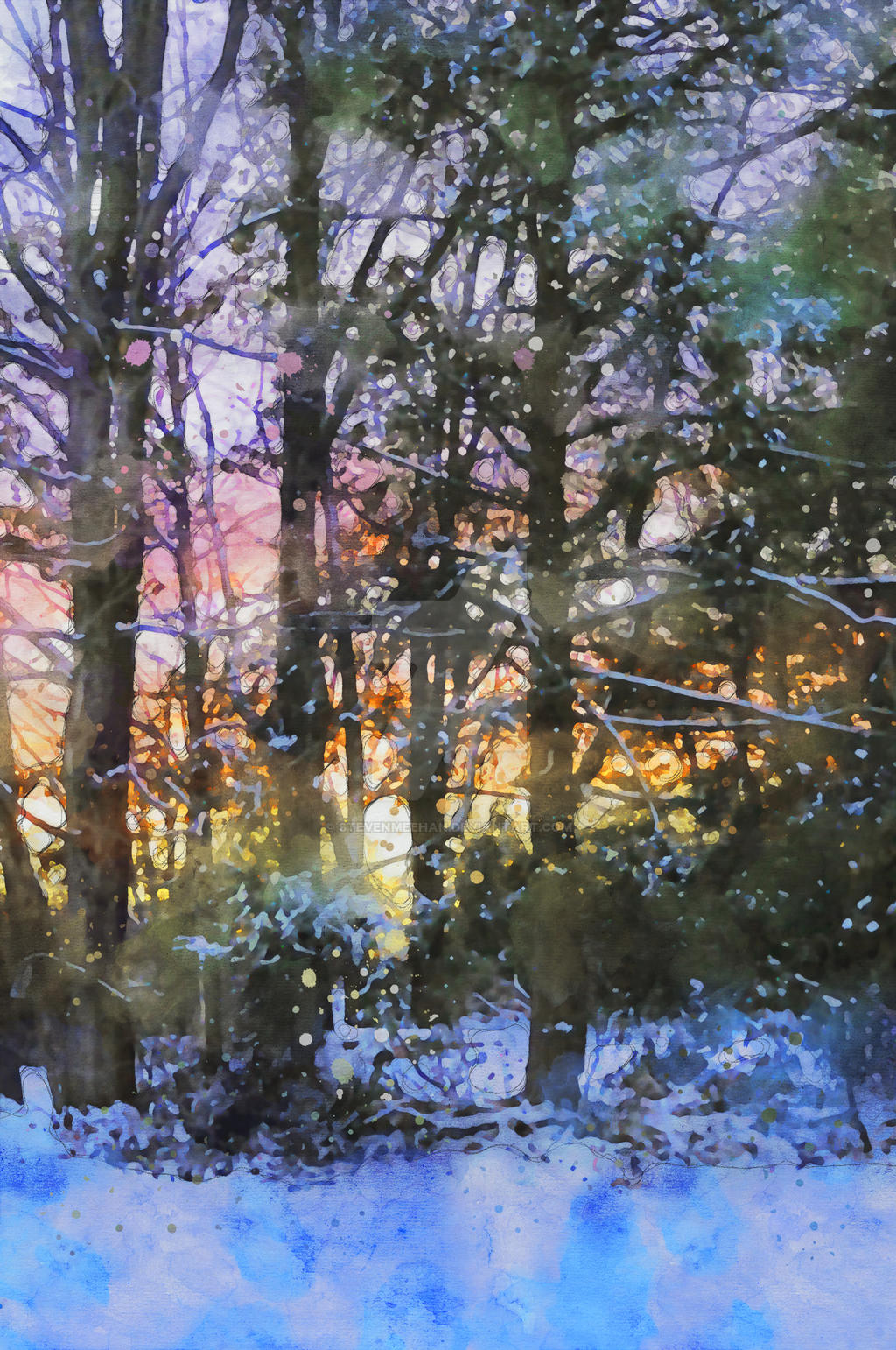 A pale winter sky fading to blue, silhouetted trees and snow-covered slopes below, rendered in watercolor.