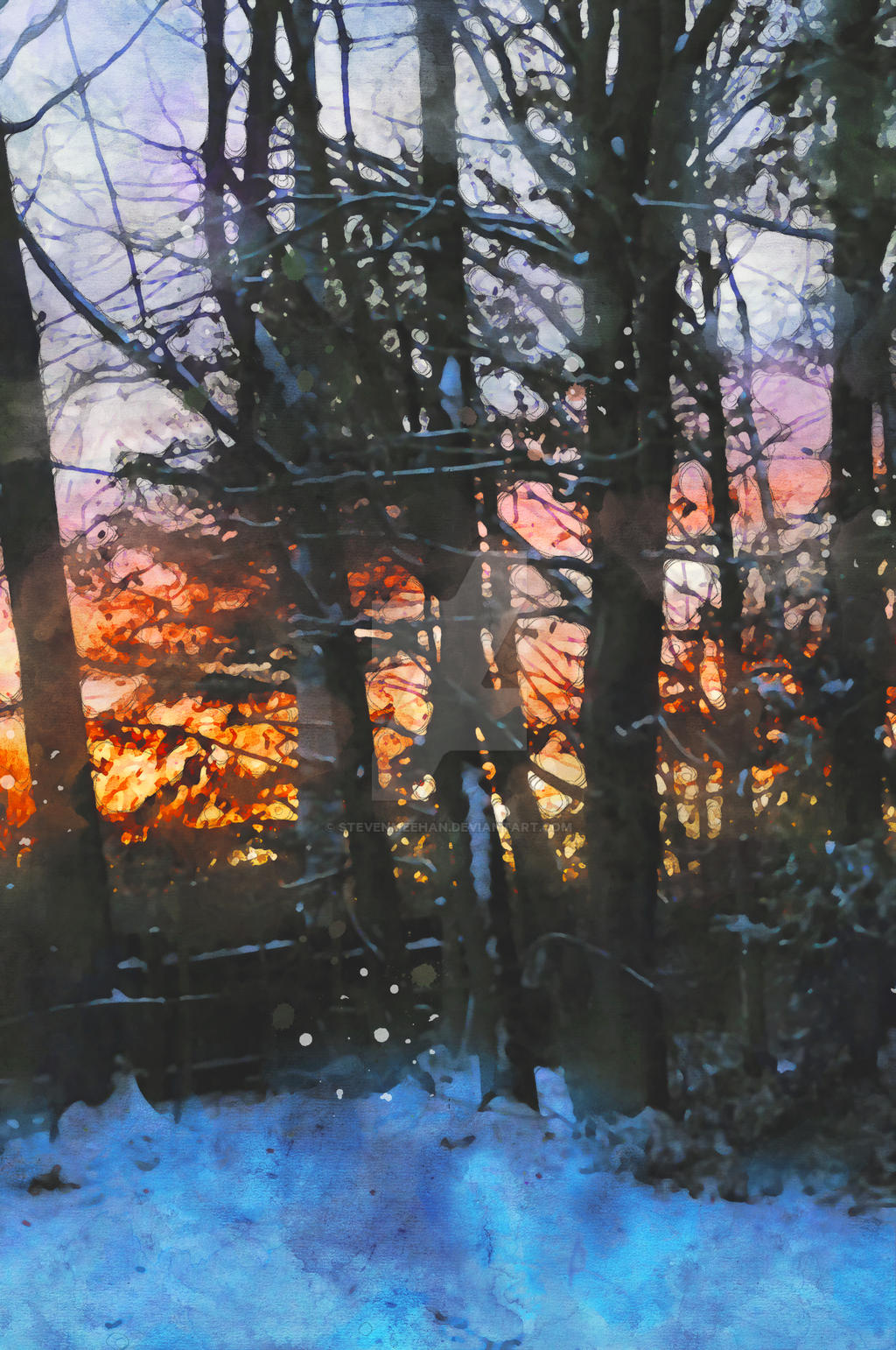 A quiet snow-covered landscape at dusk, the horizon still warm with the last traces of color, rendered in watercolor.