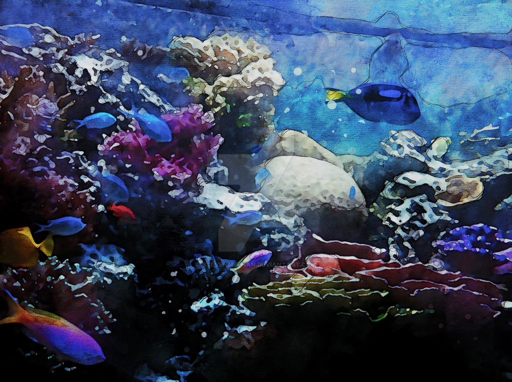 An open stretch of water and coral, light filtering down from above, rendered in watercolor.