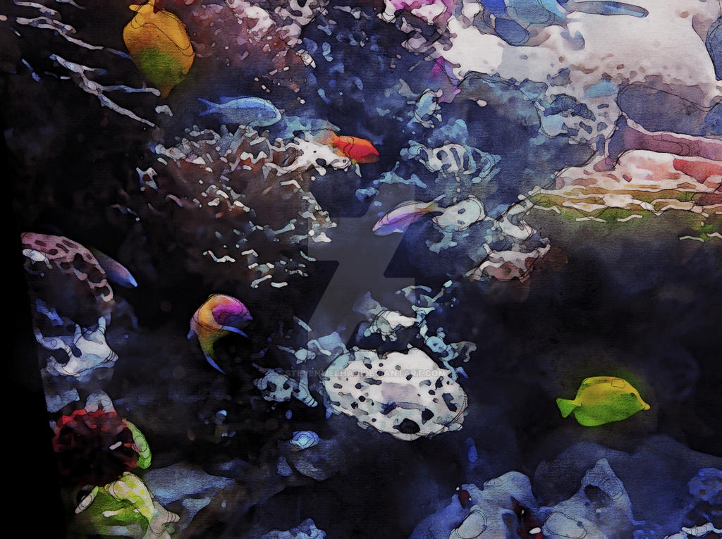 Sea creatures gathered at a shared reef formation, resting in the still water, rendered in watercolor.