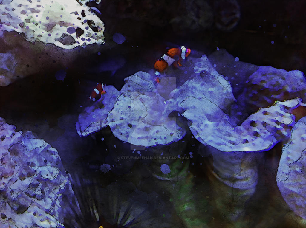 A creature moving cautiously at the edge of the reef, one careful step into open water, rendered in watercolor.