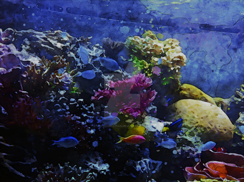 A path rising through branching coral and rock, framed by the glow from above, rendered in watercolor.