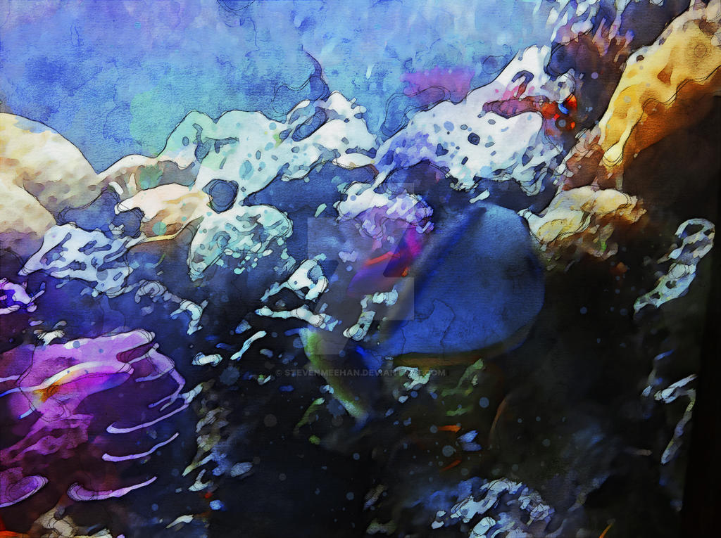 A narrow channel between coral formations, a quieter route through the reef, rendered in watercolor.