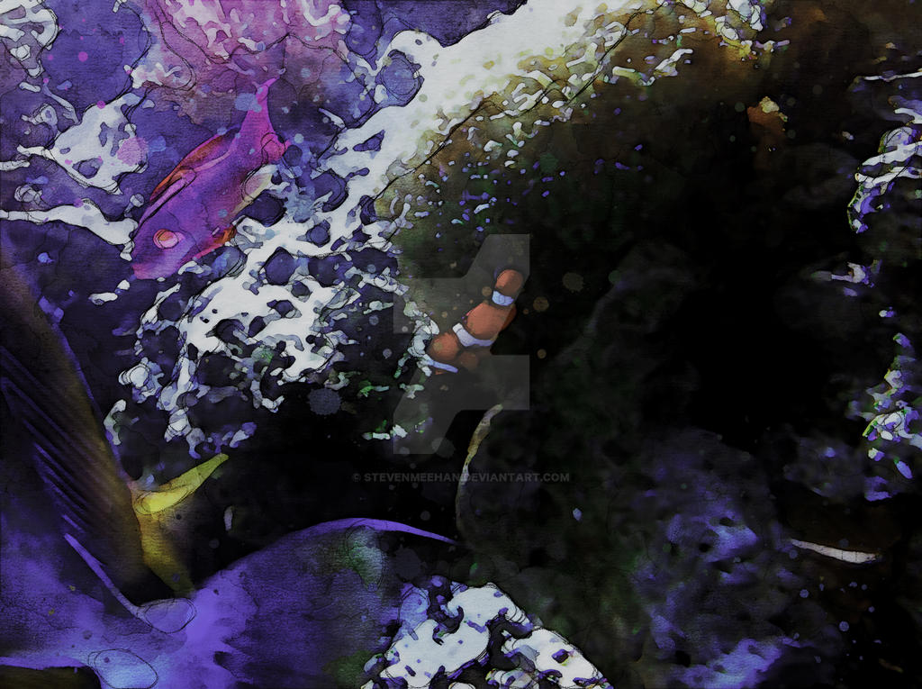 A creature tucked into a reef crevice, nearly concealed from view, rendered in watercolor.