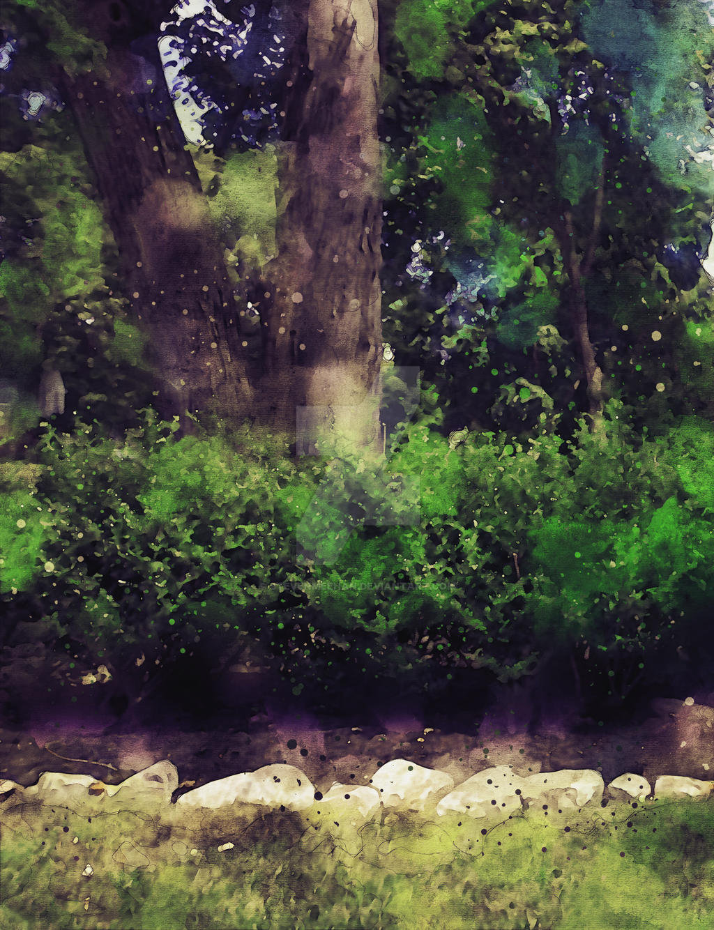A row of fencing stretching across the frame, dividing the scene in two, rendered in watercolor.
