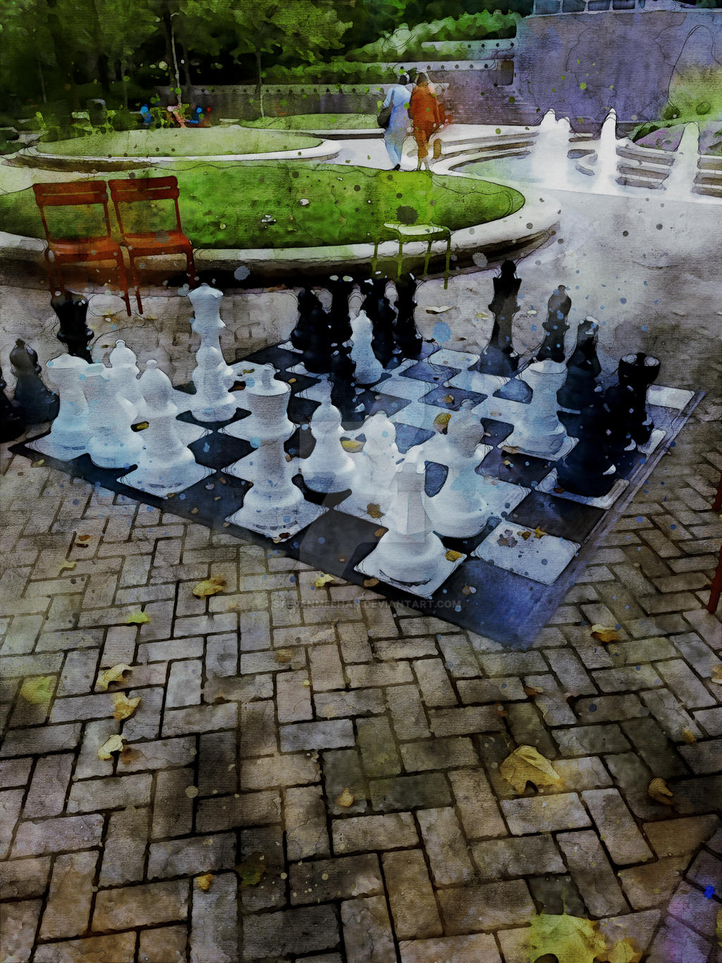 A chess game in progress, pieces scattered across the board mid-match, rendered in watercolor.