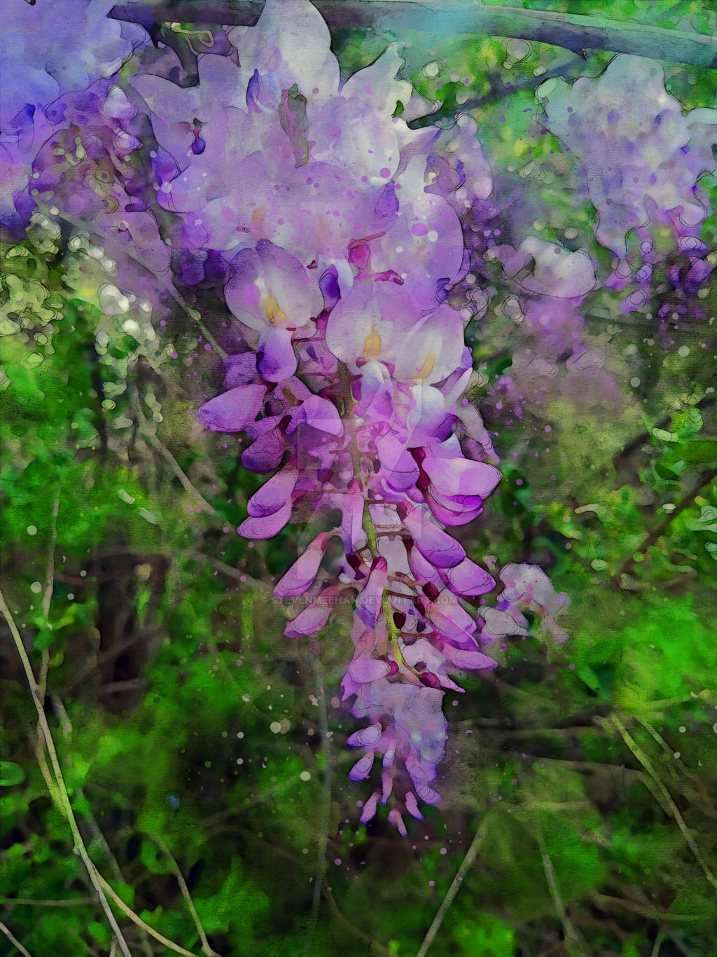 Clusters of petals hanging from a branch, swaying gently in the open air, rendered in watercolor.