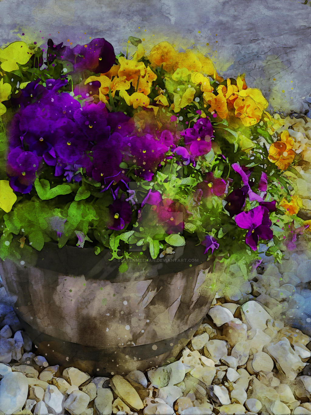 A flower stands tall in the frame, its petals catching the light from above, rendered in watercolor.