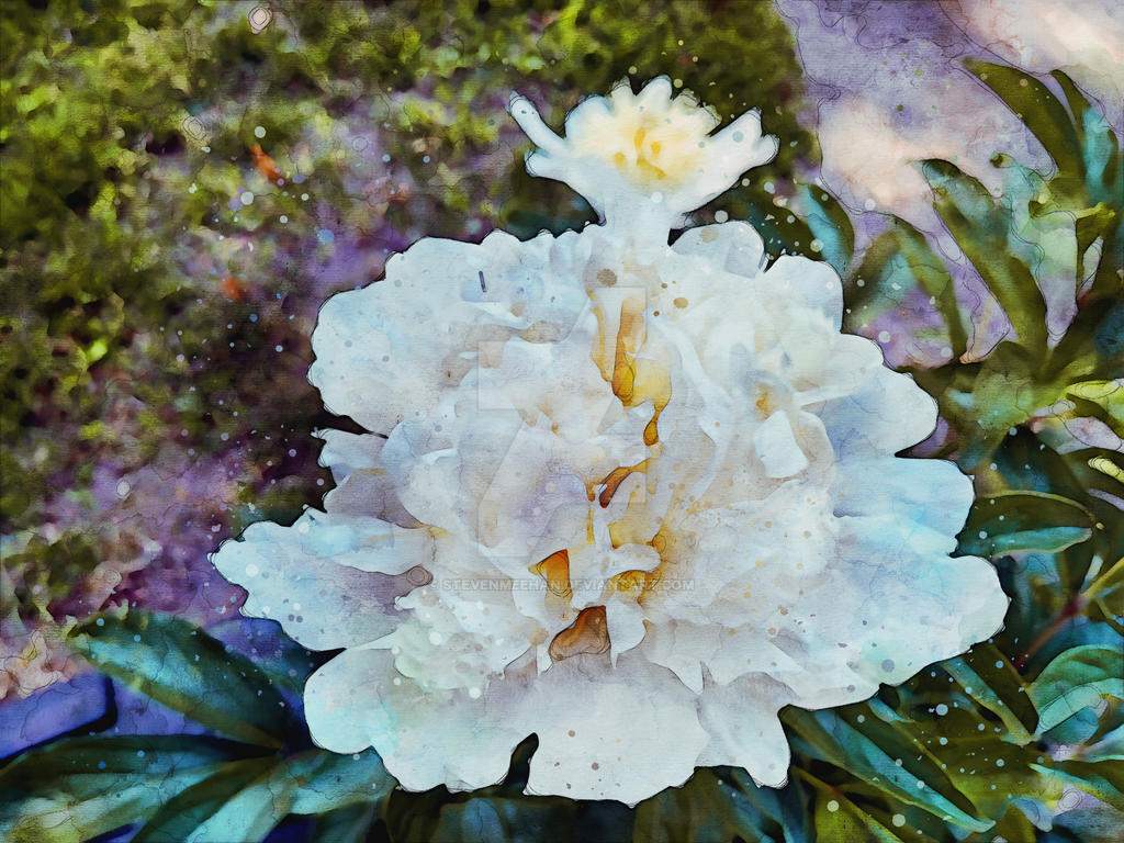 A gathering of blossoms sits together, their colors vivid against the surrounding green, rendered in watercolor.