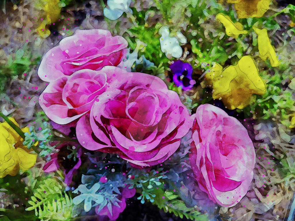 A loose arrangement of blooms sits in natural light, their forms soft and open, rendered in watercolor.