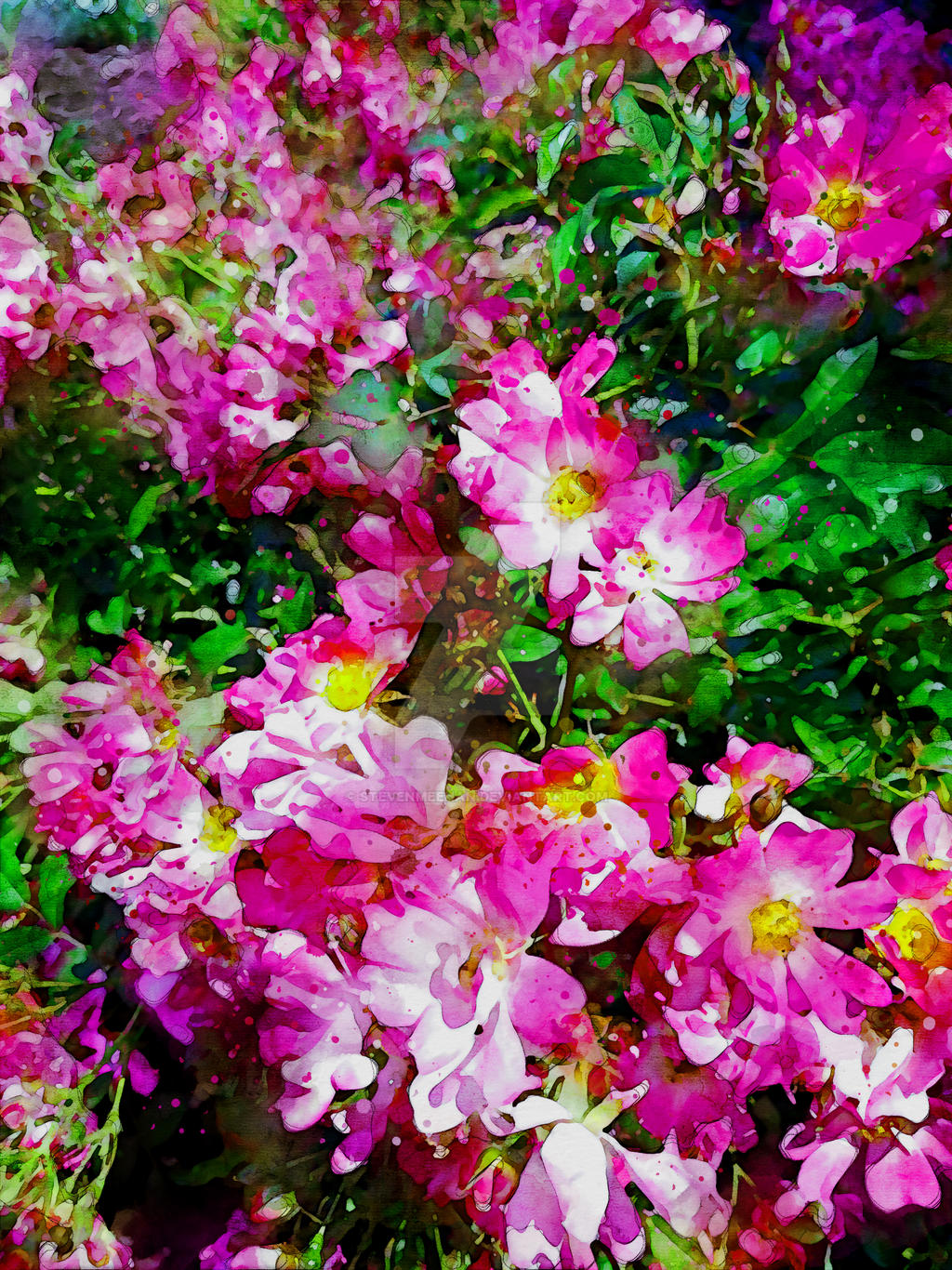 A blossom in close view reveals the fine lines and textures of its petals, rendered in watercolor.