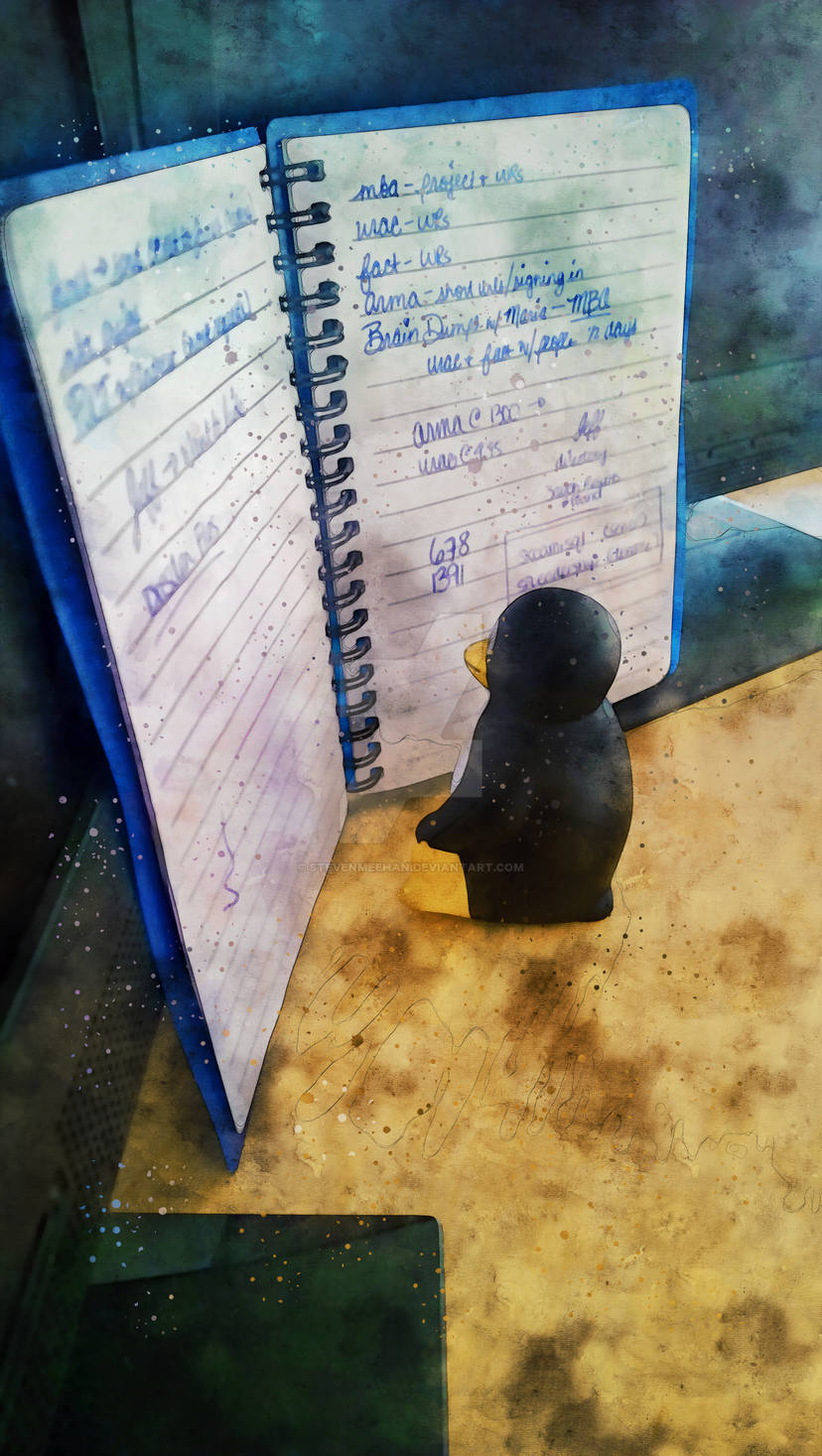 A small toy penguin perched before a notebook filled with handwritten text, arranged as though deep in study, rendered in watercolor.