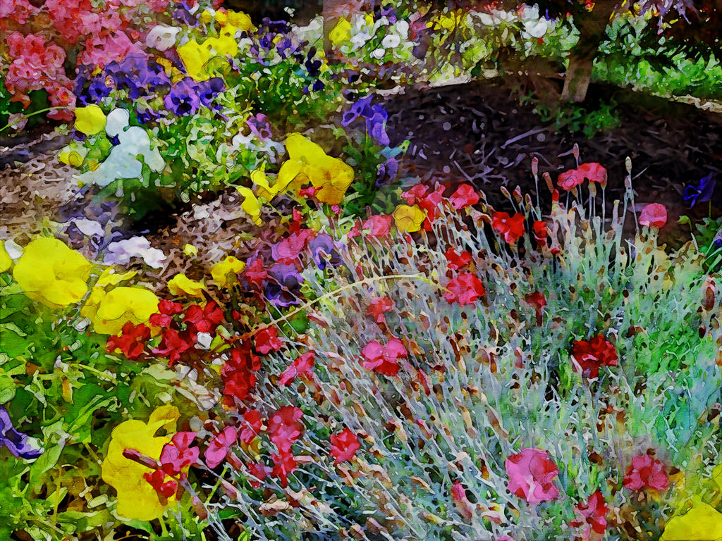 An expansive flowerbed in full bloom, a sea of purple flowers spreading wide with a solitary island of foliage at its heart, rendered in watercolor.