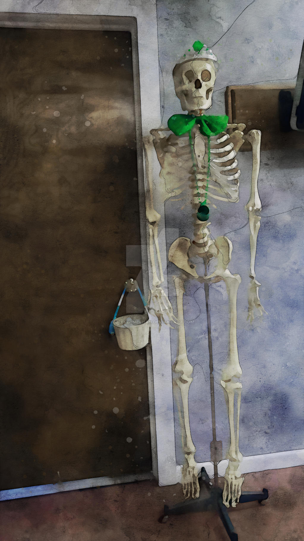 A skeleton figure with an upbeat expression, trimmed in festive decoration, rendered in watercolor.