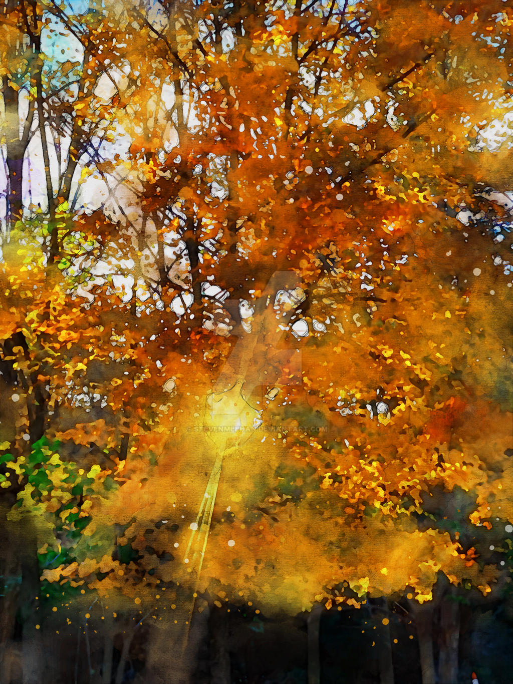 Beams of light breaking through foliage, cutting sharp and bright across the frame, rendered in watercolor.