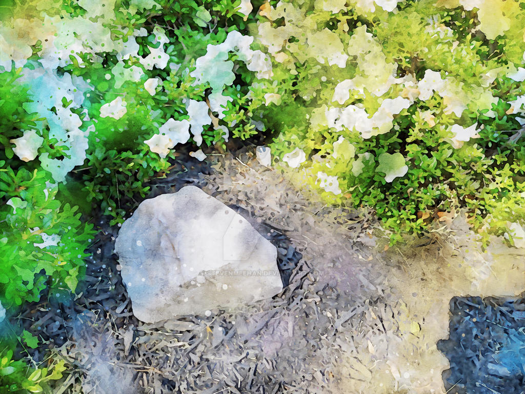 A group of flowers sits close together, their colors mixing softly at the edges, rendered in watercolor.