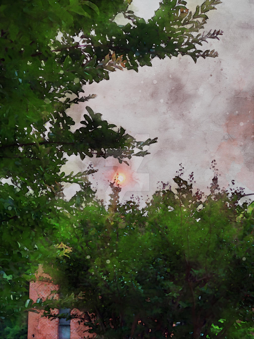 A deep red sun low on the horizon, the sky around it darkened and still, rendered in watercolor.