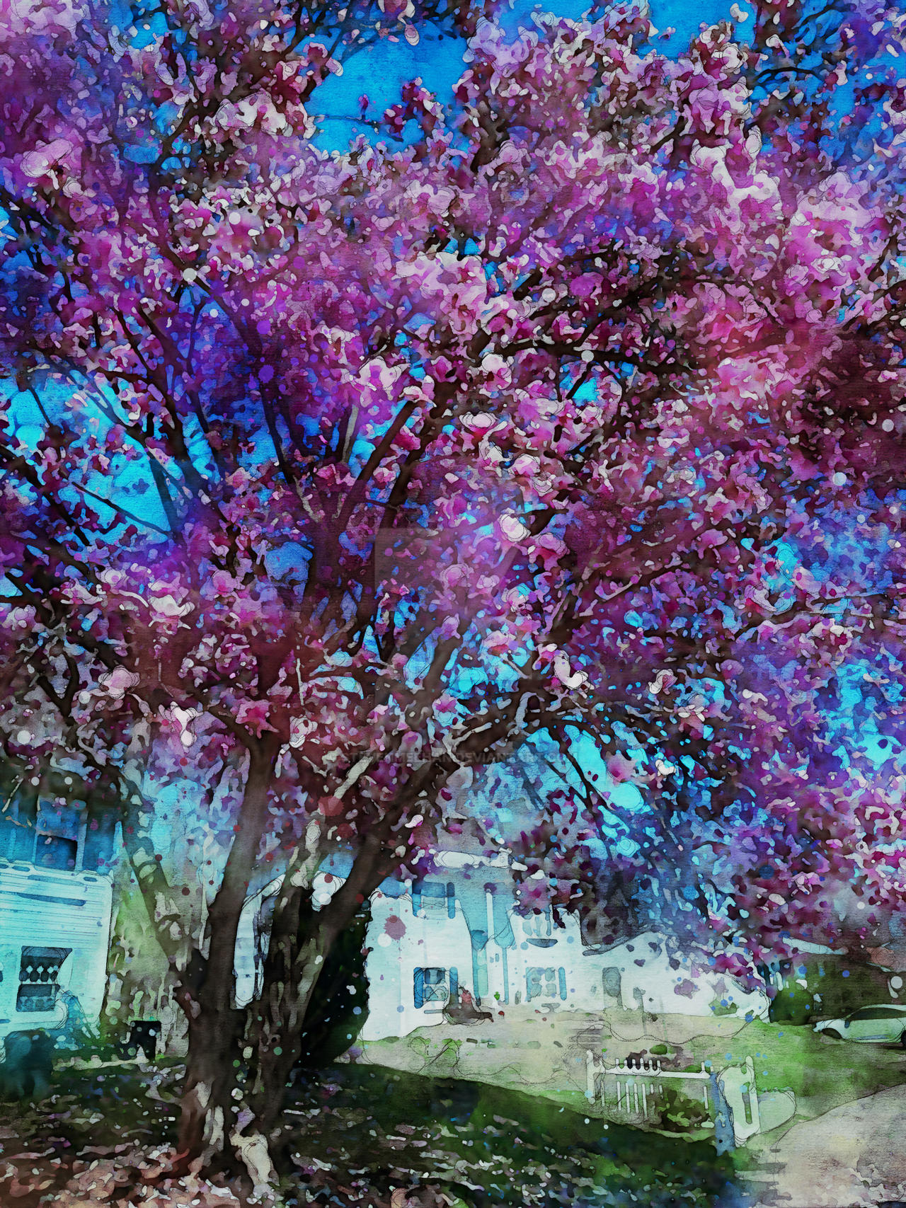 A single blooming tree standing in a wider setting, its flowers catching the light from above, rendered in watercolor.