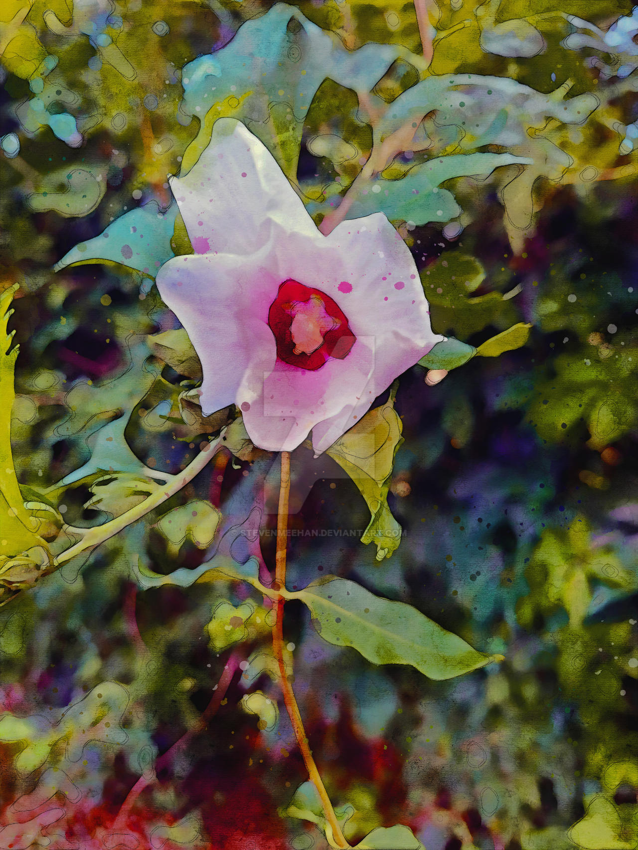 A tall stem of flowers rises through the frame, its blossoms stacked in delicate succession, rendered in watercolor.