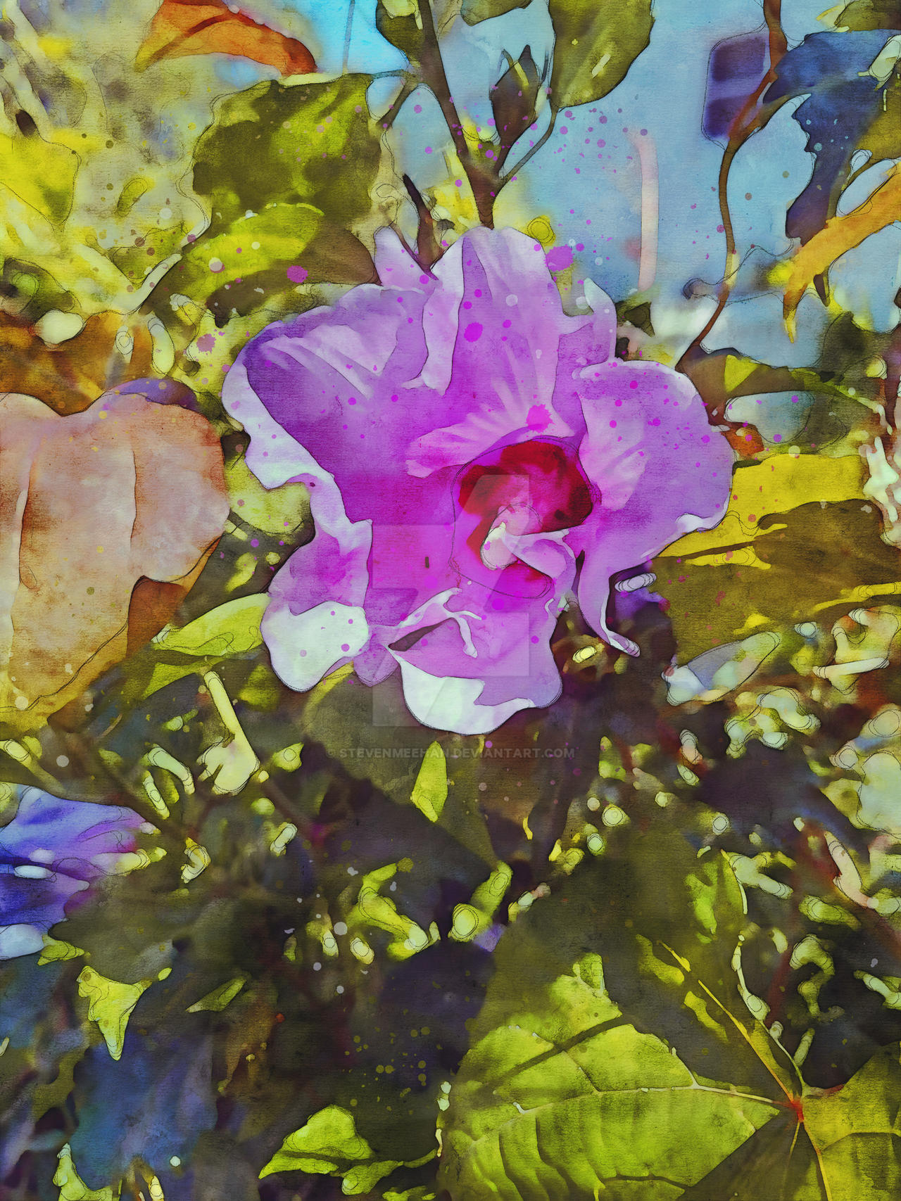 A flower in close portrait shows the depth and texture of its petals in full detail, rendered in watercolor.