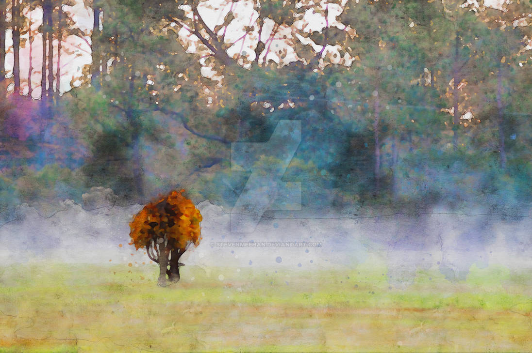 A small stout tree holding blazing autumn leaves among surrounding evergreens, a solitary burst of seasonal color, rendered in watercolor.