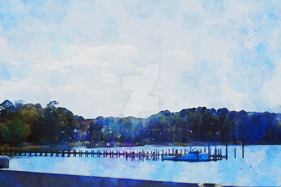 A dock stretching across still water toward a silhouetted tree line, the scene undisturbed by boats or movement, rendered in watercolor.