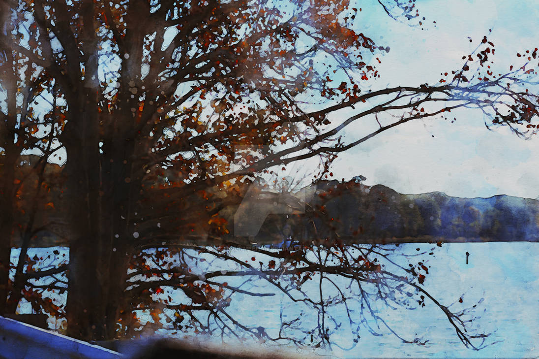 A nearly bare tree with crisp red and orange leaves at the water's edge, its branching structure fragmenting the distant shore into patterns, rendered in watercolor.