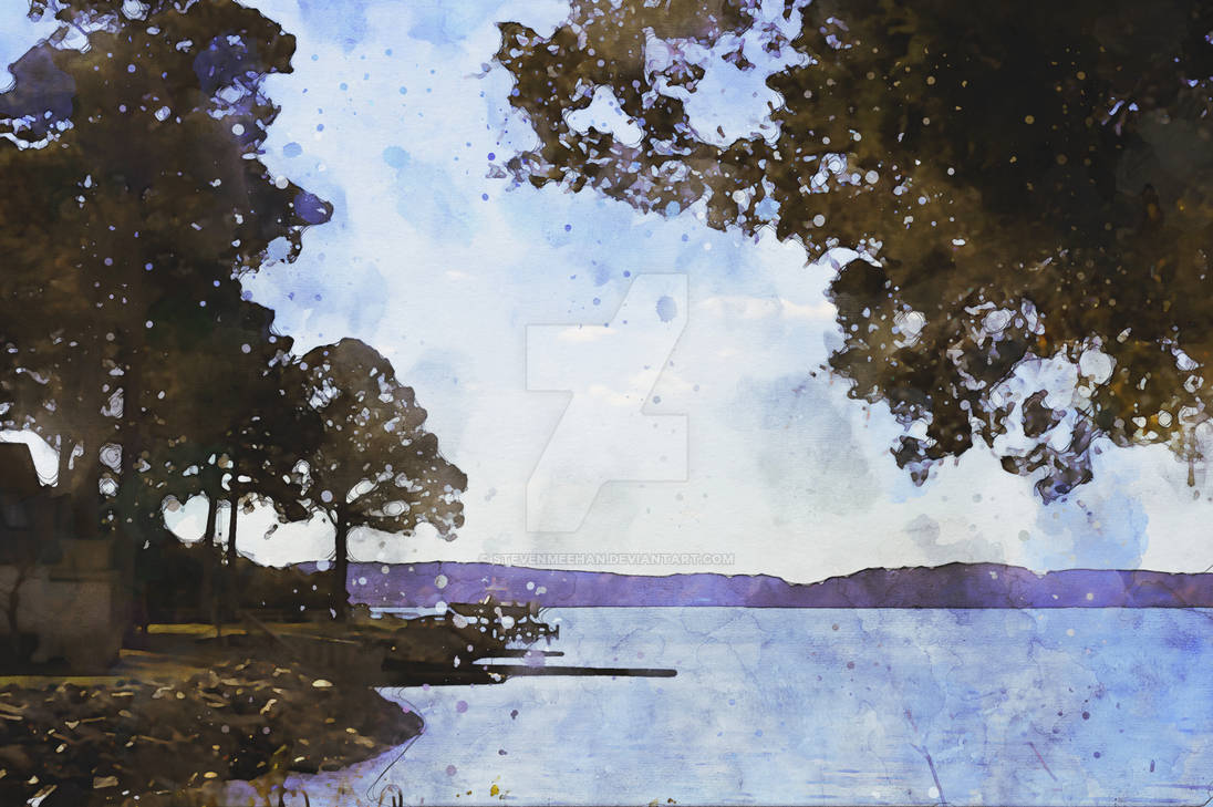 A rocky shoreline with nearby docks, the shifting landscape creating the impression of distant and near shores connecting across the water, rendered in watercolor.