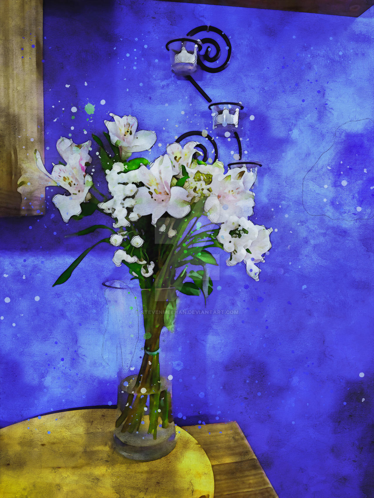 A careful arrangement of flowers sits in quiet stillness, each petal placed with intention, rendered in watercolor.