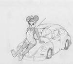 1952, Venice Beach, Minnie on her VW Beetle
