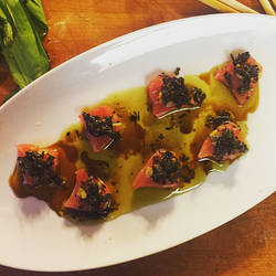 Tuna Belly Crudo with Sencha, Coriander, and lemon