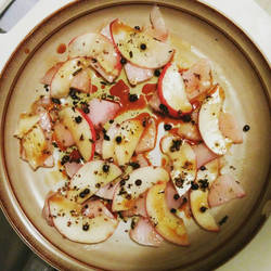 Hamachi with Peaches and Fried Peppercorns