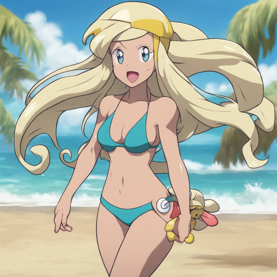 Cynthia (Pokmon) wearing a bikini with small waves