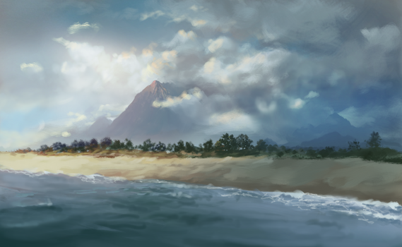 Stormy Shore with Mountains