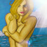 Blonde woman, cover breast.