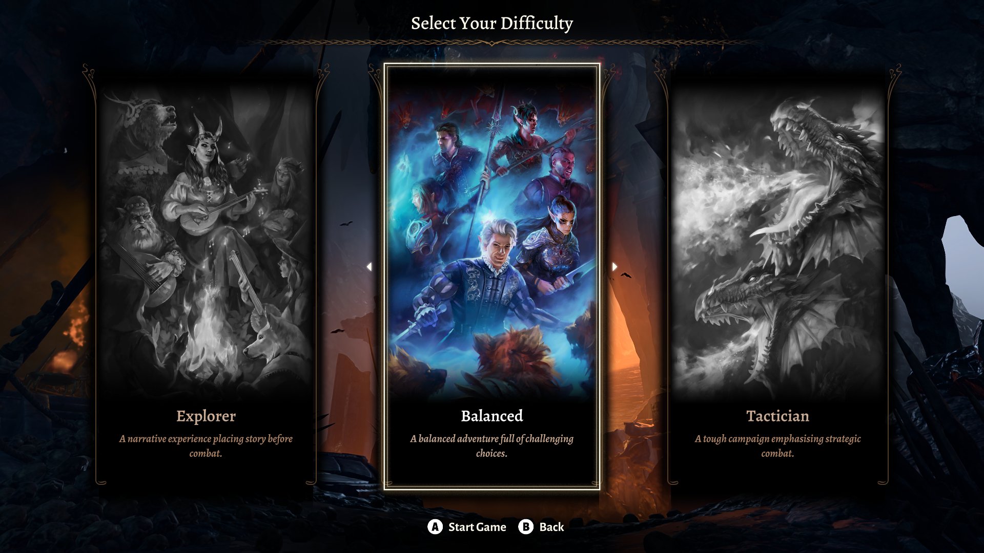 A screenshot from Baldur's Gate 3 of a menu screen with the three difficulty settings.