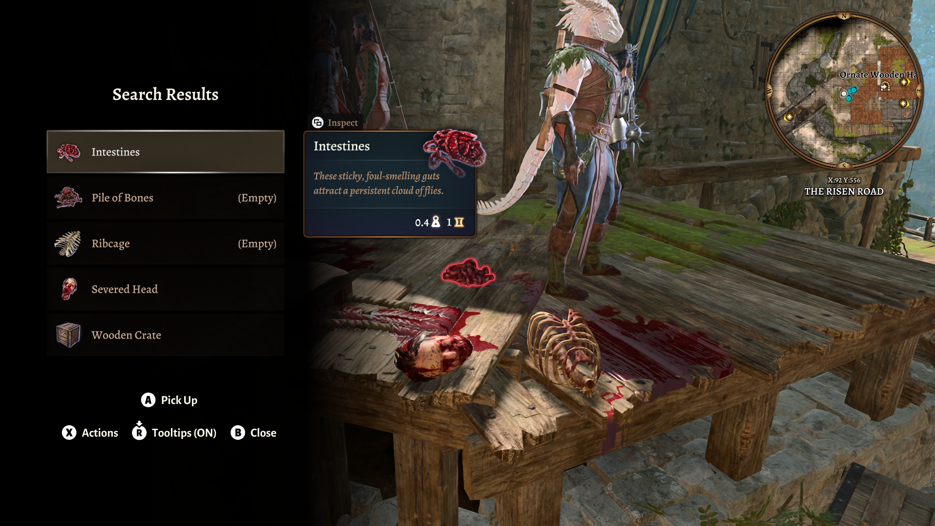 A screenshot from Baldur's Gate 3 of the player character with an item pick up menu, which is showing the items nearby. The items in the menu are intestines, a pile of bones, a ribcage, a severed head, and a wooden crate.